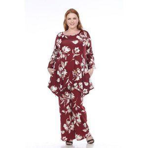 Plus Size Burgundy Flowers Print Tops & Pajama Set Multisize WM 026
